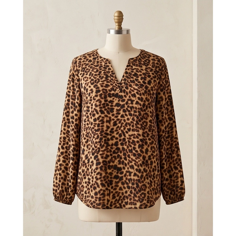 Torrid 0 Leopard Print V-Neck Long Sleeve Blouse Brown Flowy Romantic Large